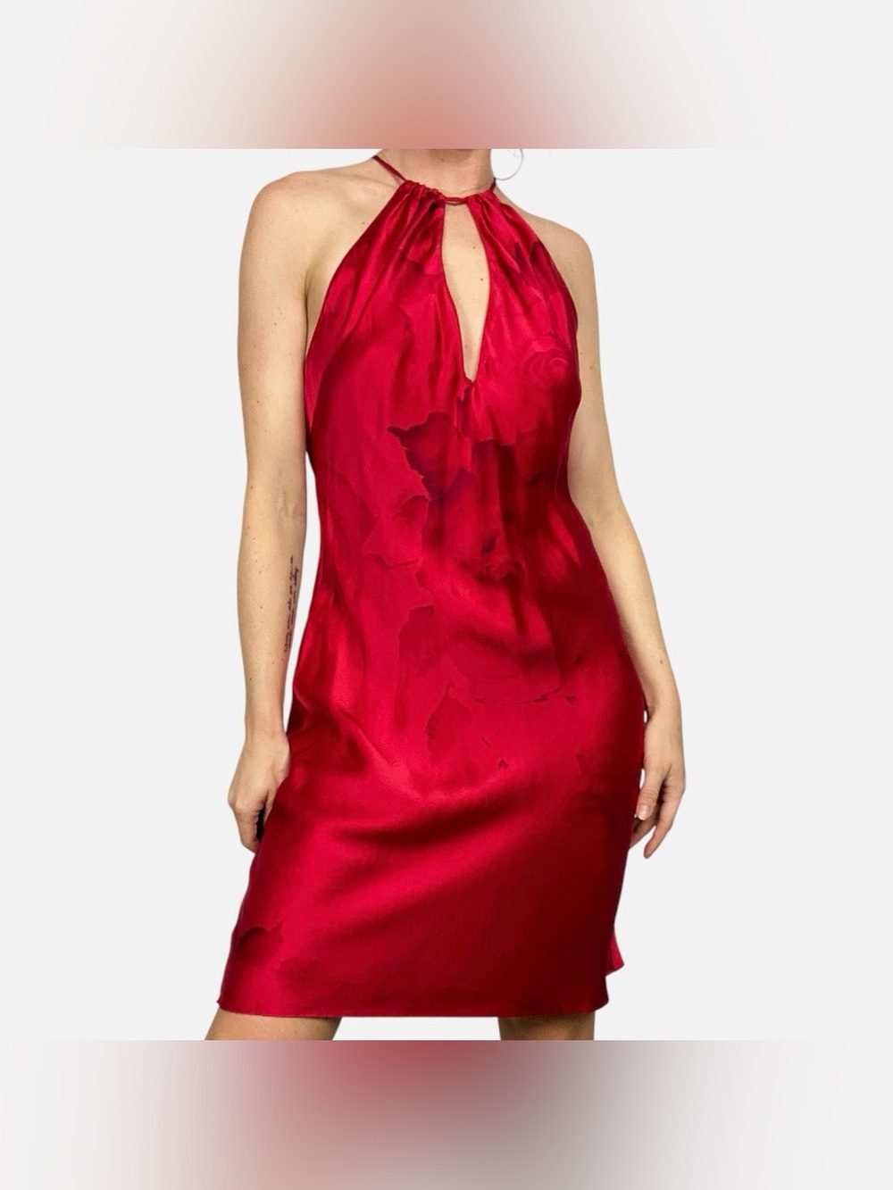 Victoria’s Secret Silk Red Halter Open Back Subtle Floral Little Slip Dress